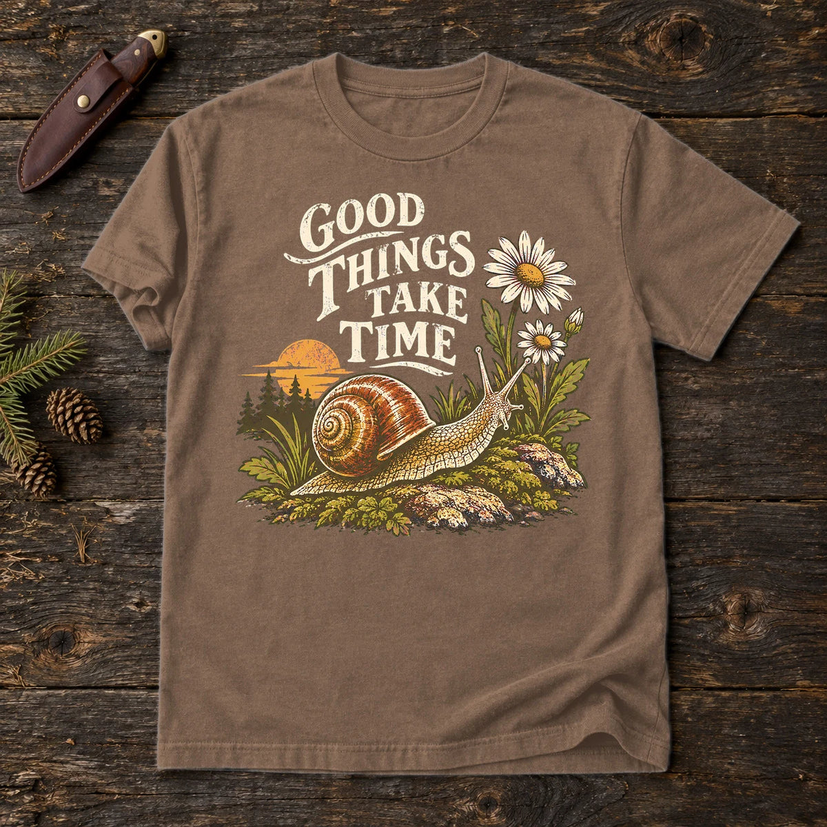 Good Things Take Time Snail Graphic Tee on Espresso Premium Tee