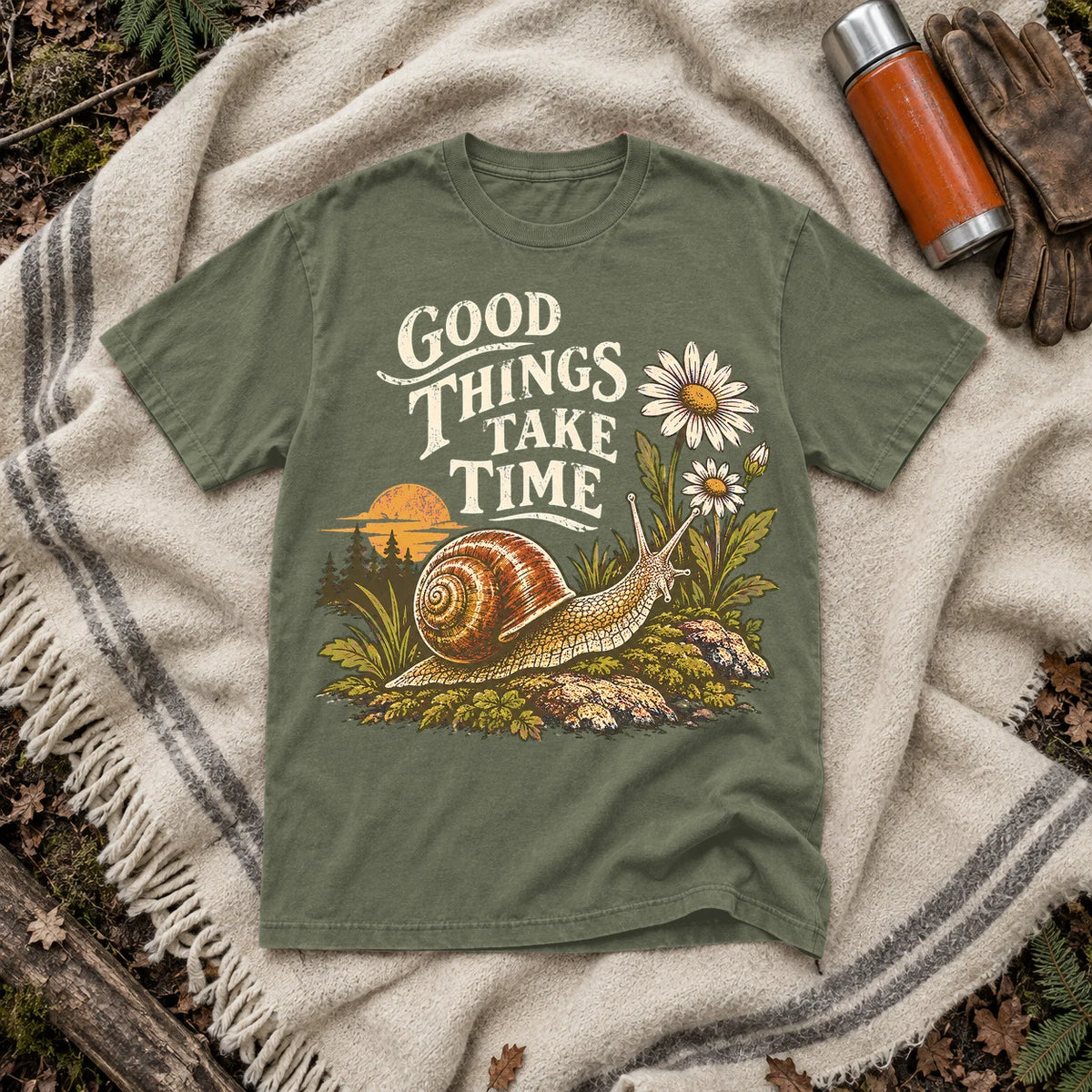 Good Things Take Time Snail Graphic Tee on Moss Premium Tee