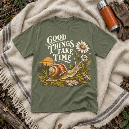 Good Things Take Time Snail Graphic Tee on Moss Premium Tee