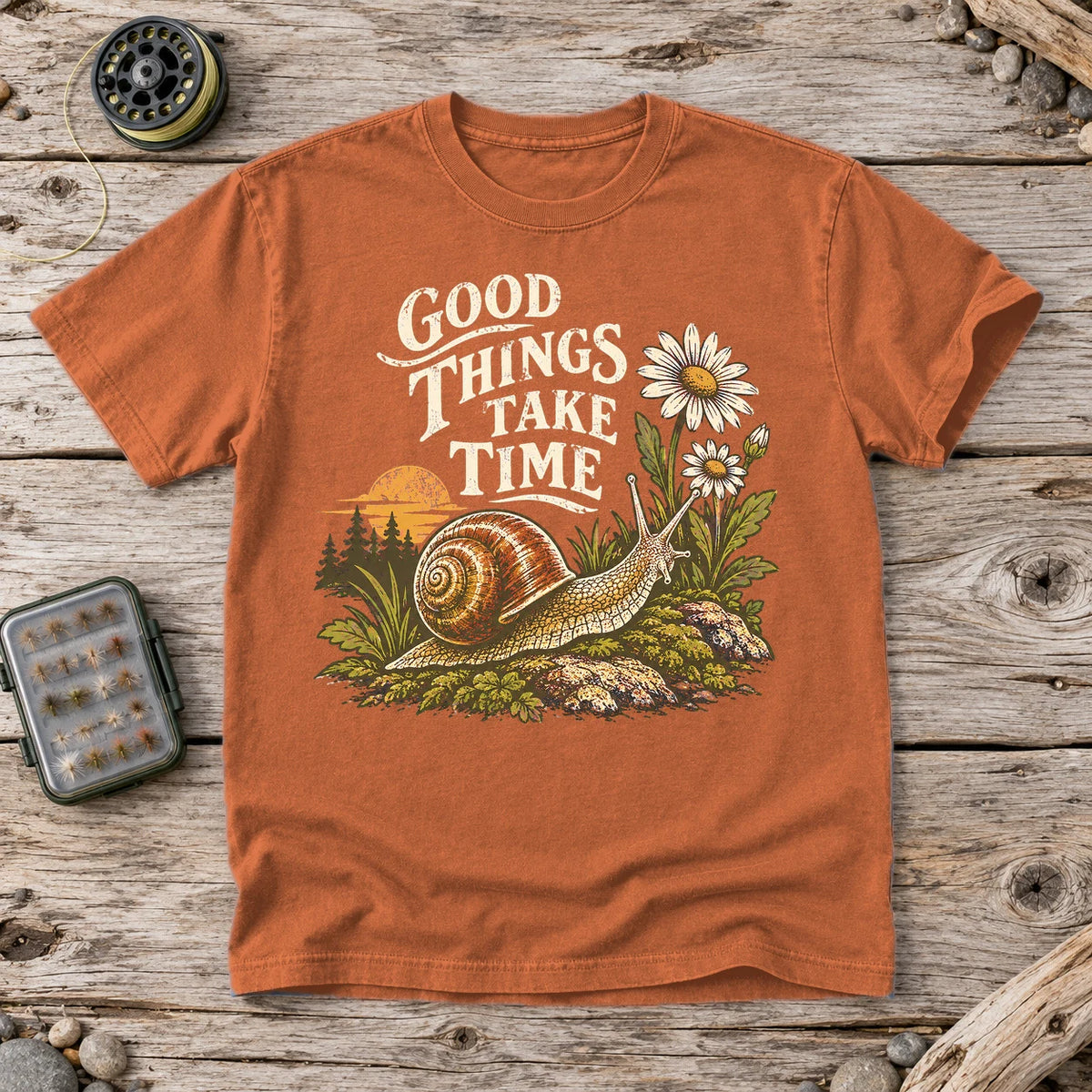 Good Things Take Time Snail Graphic Tee on Yam Premium Tee