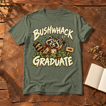 Bushwhack Graduate Raccoon Graphic Tee on Military Green Everyday Soft Tee