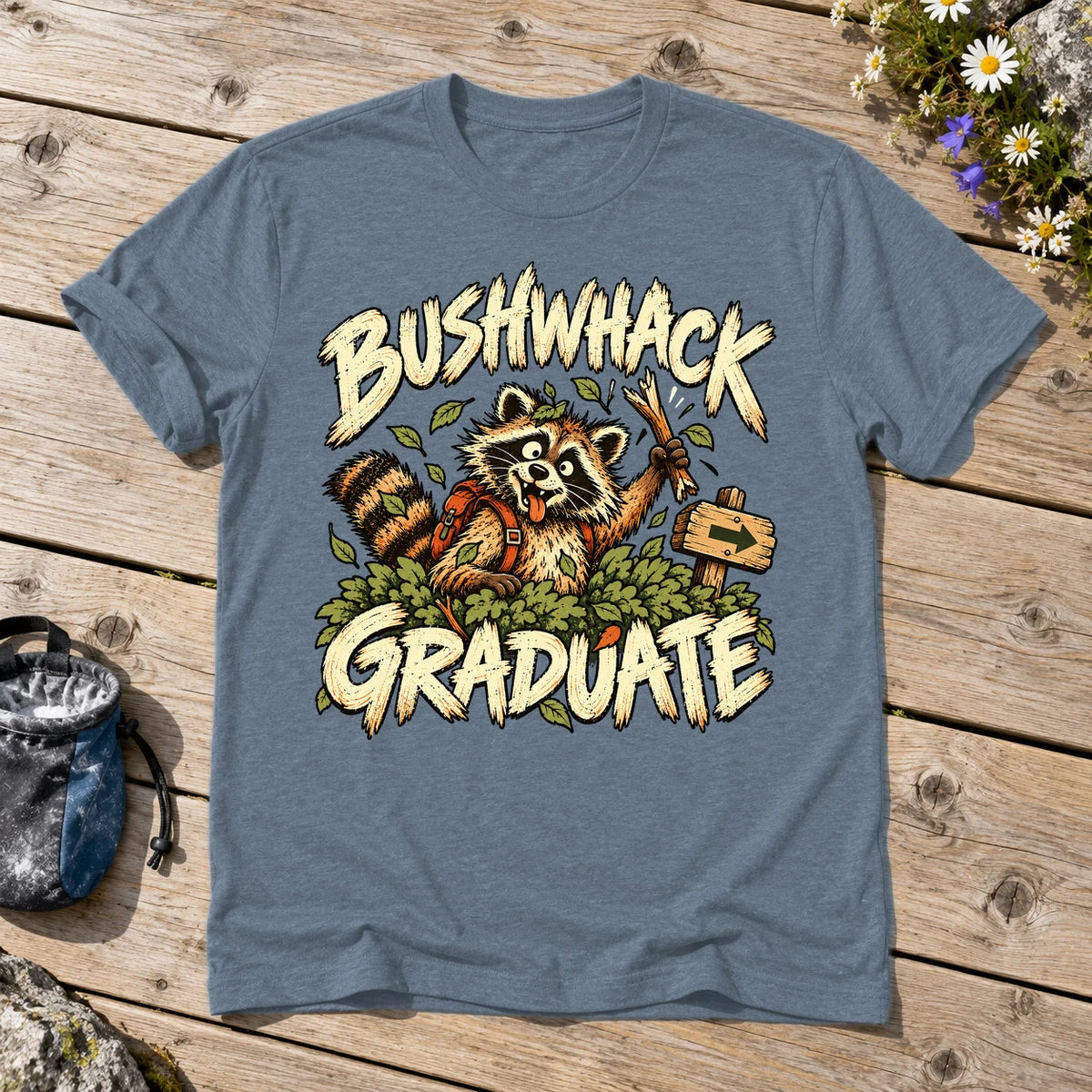 Bushwhack Graduate Raccoon Graphic Tee on Heather Indigo Everyday Soft Tee