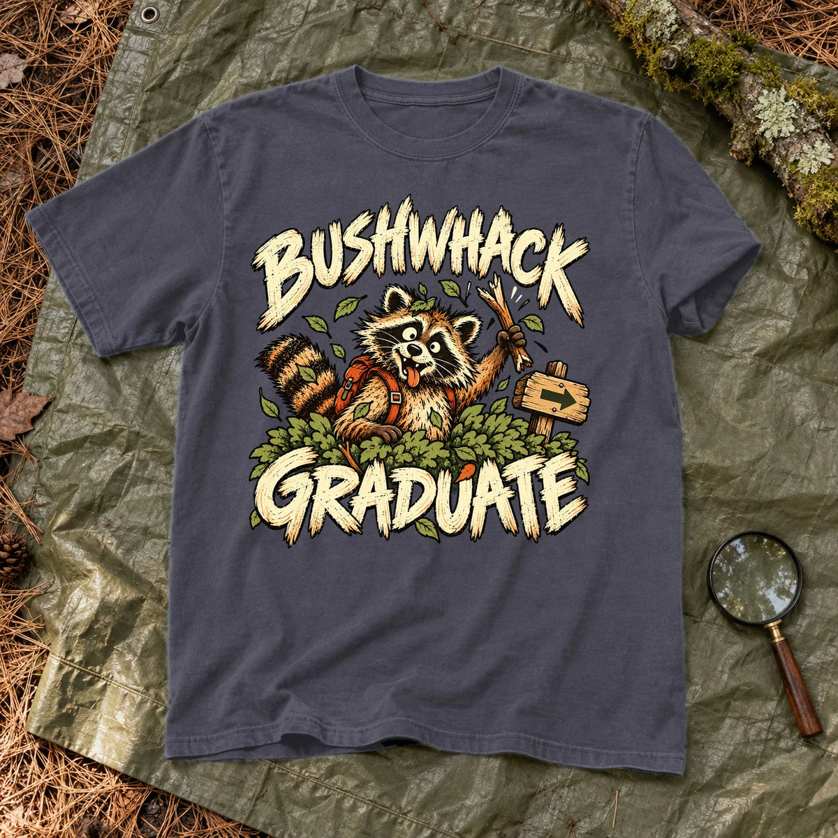 Bushwhack Graduate Raccoon Graphic Tee on Navy Premium Tee