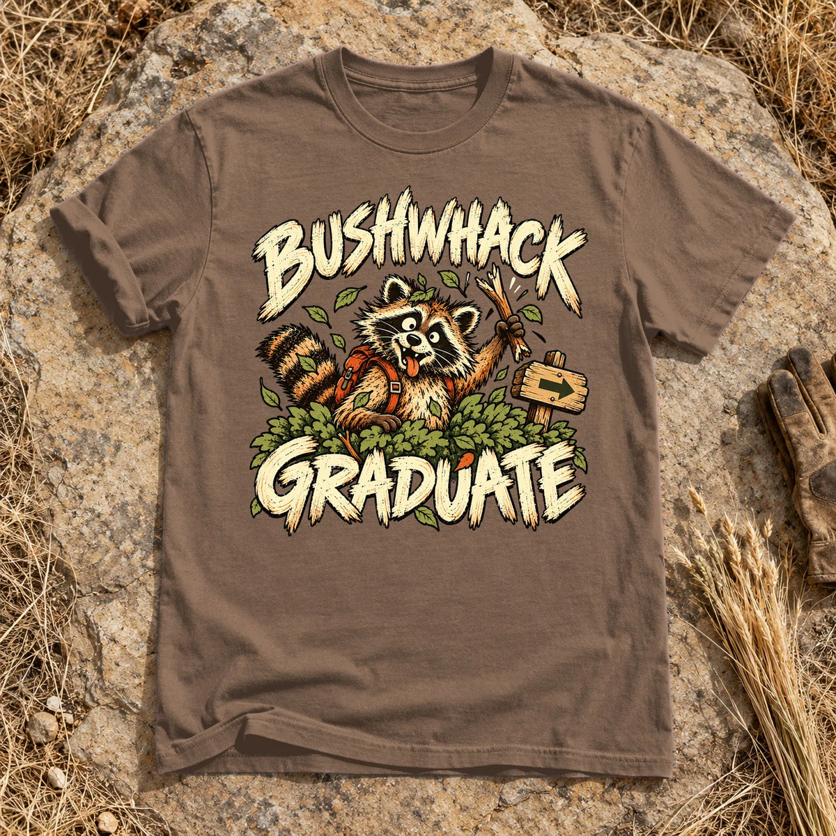 Bushwhack Graduate Raccoon Graphic Tee on Espresso Premium Tee