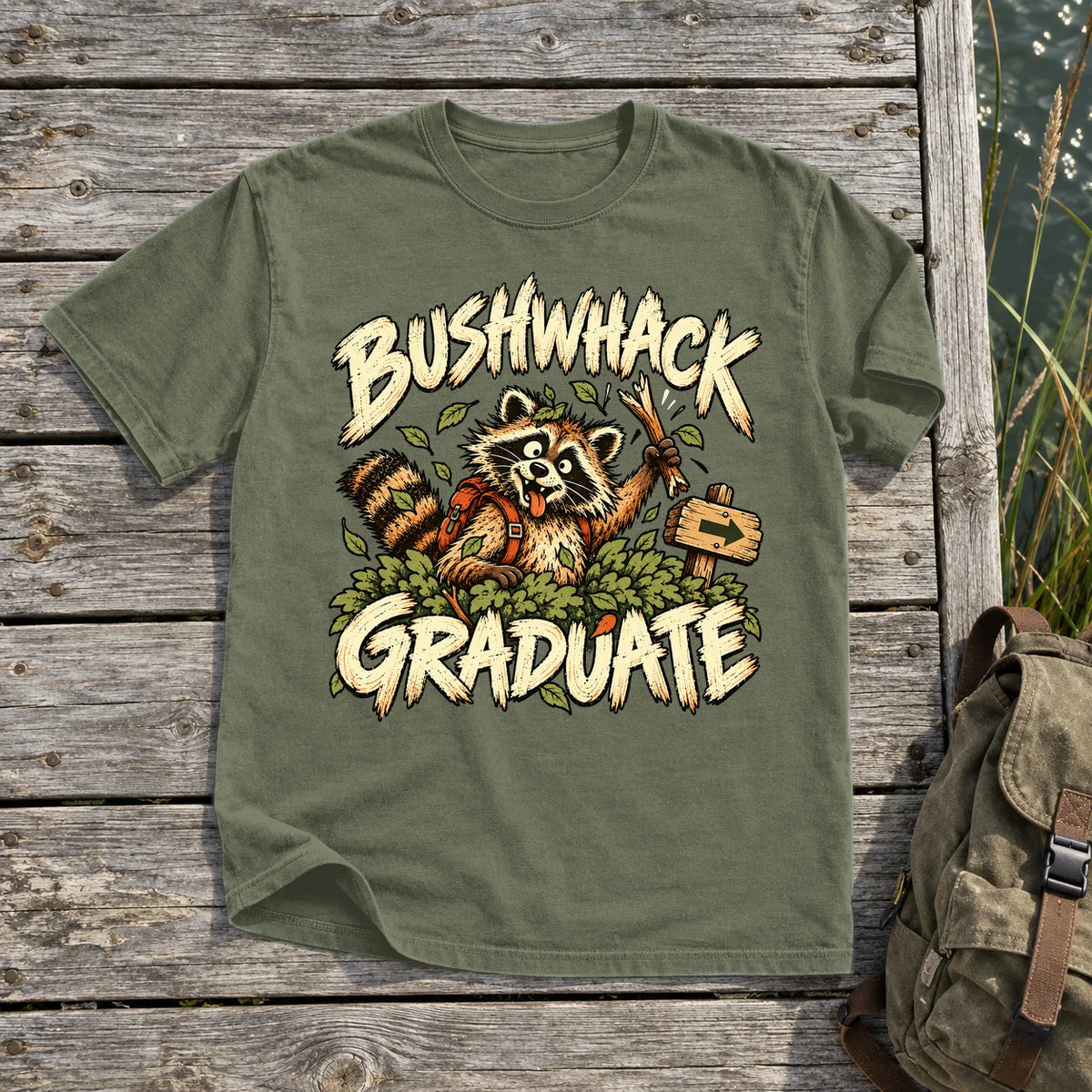 Bushwhack Graduate Raccoon Graphic Tee on Moss Premium Tee
