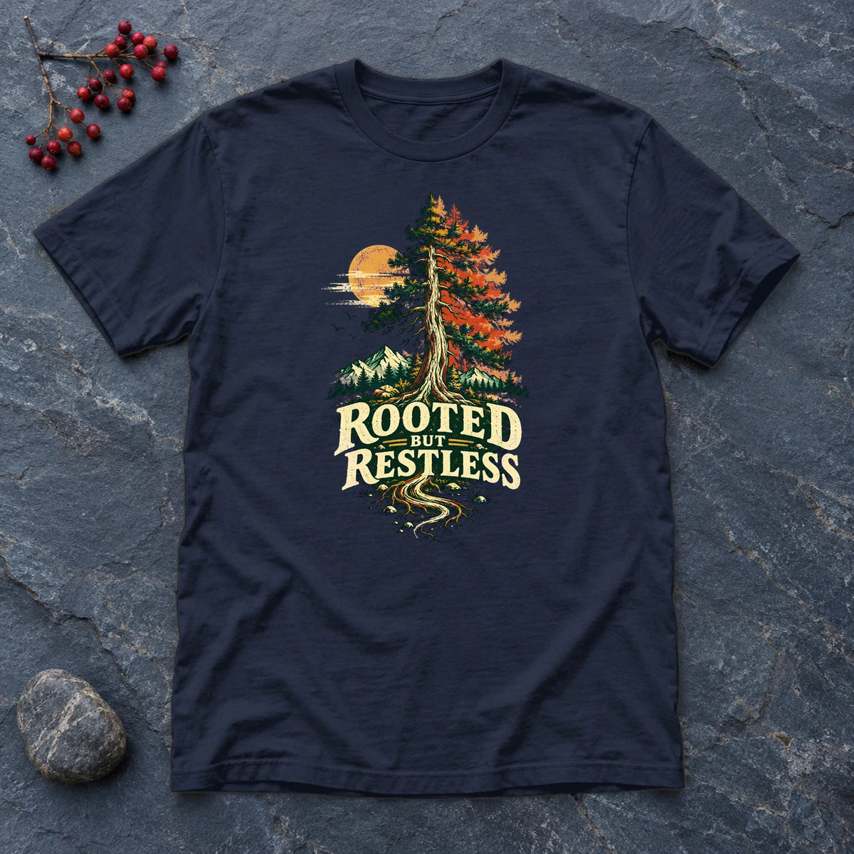 Rooted But Restless Graphic Tee on Navy Everyday Soft Tee