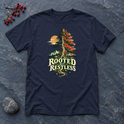 Rooted But Restless Graphic Tee on Navy Everyday Soft Tee