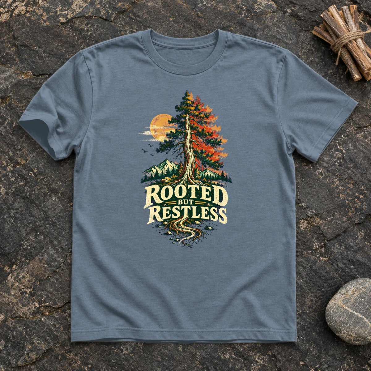 Rooted But Restless Graphic Tee on Heather Indigo Everyday Soft Tee