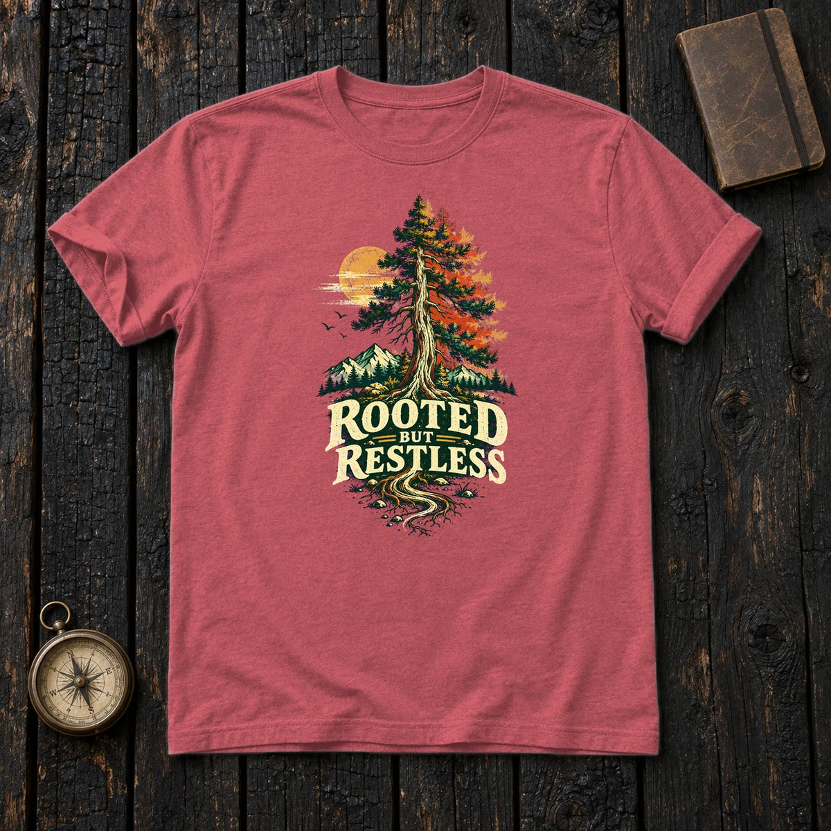 Rooted But Restless Graphic Tee on Heather Red Everyday Soft Tee