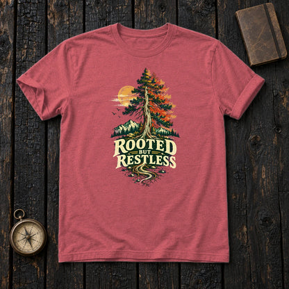 Rooted But Restless Graphic Tee on Heather Red Everyday Soft Tee