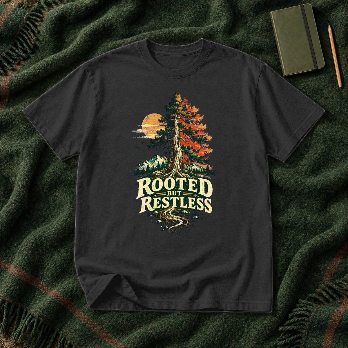 Rooted But Restless Graphic Tee on Black Premium Tee
