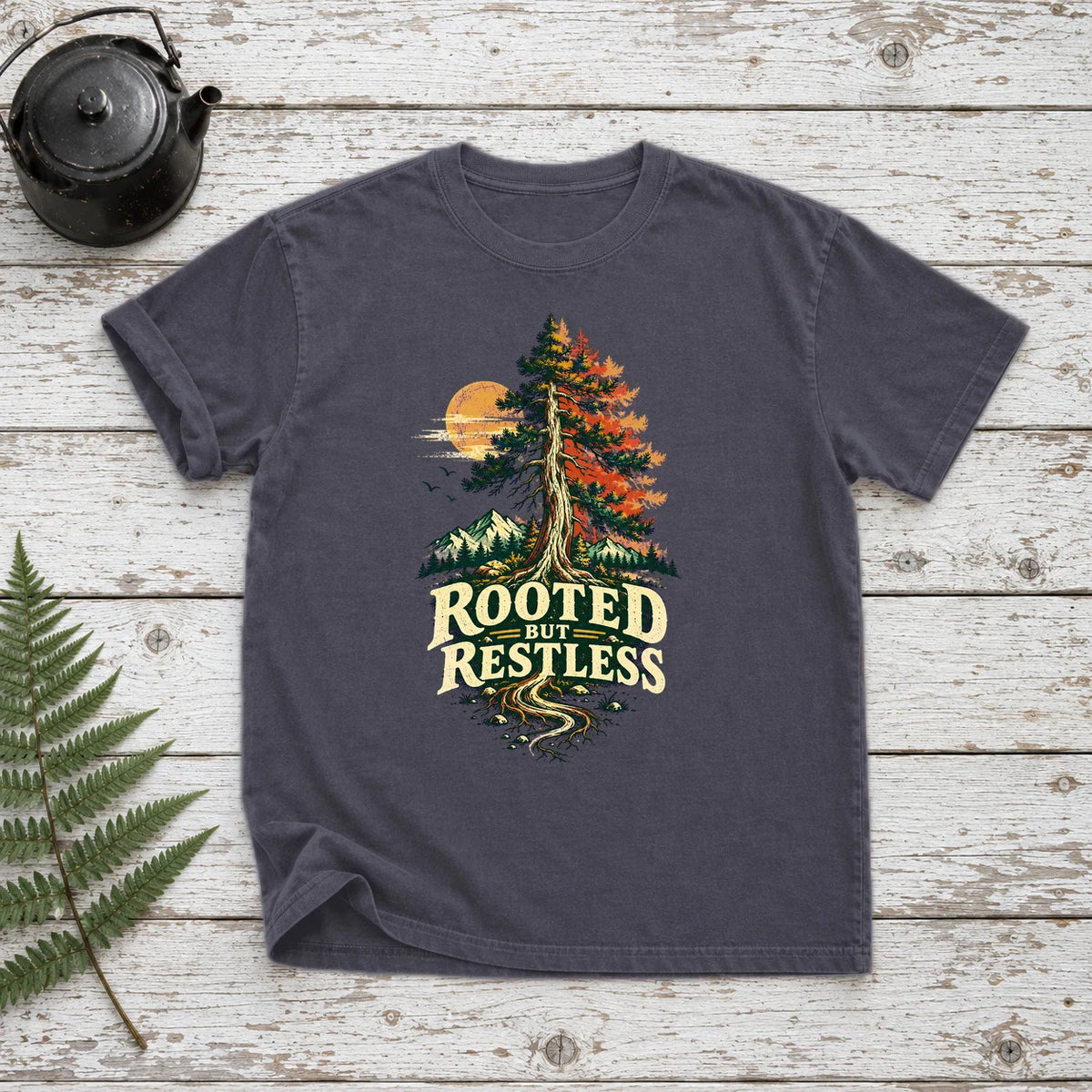 Rooted But Restless Graphic Tee on Navy Premium Tee