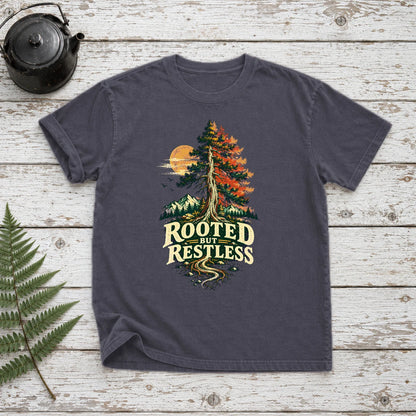 Rooted But Restless Graphic Tee on Navy Premium Tee