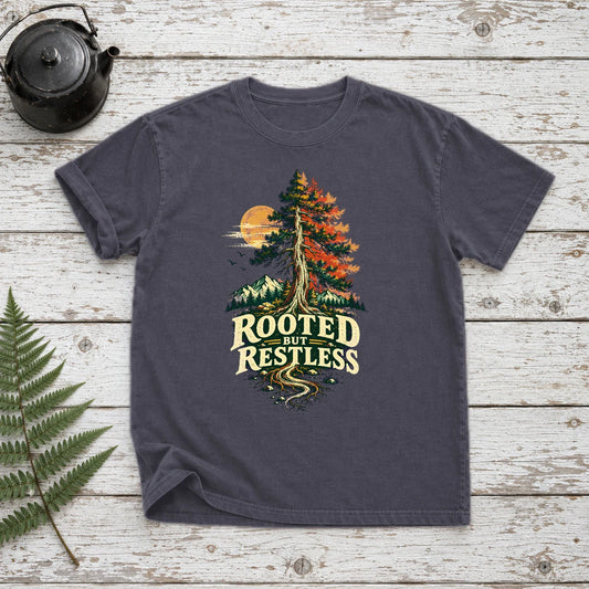 Rooted But Restless Graphic Tee on Navy Premium Tee