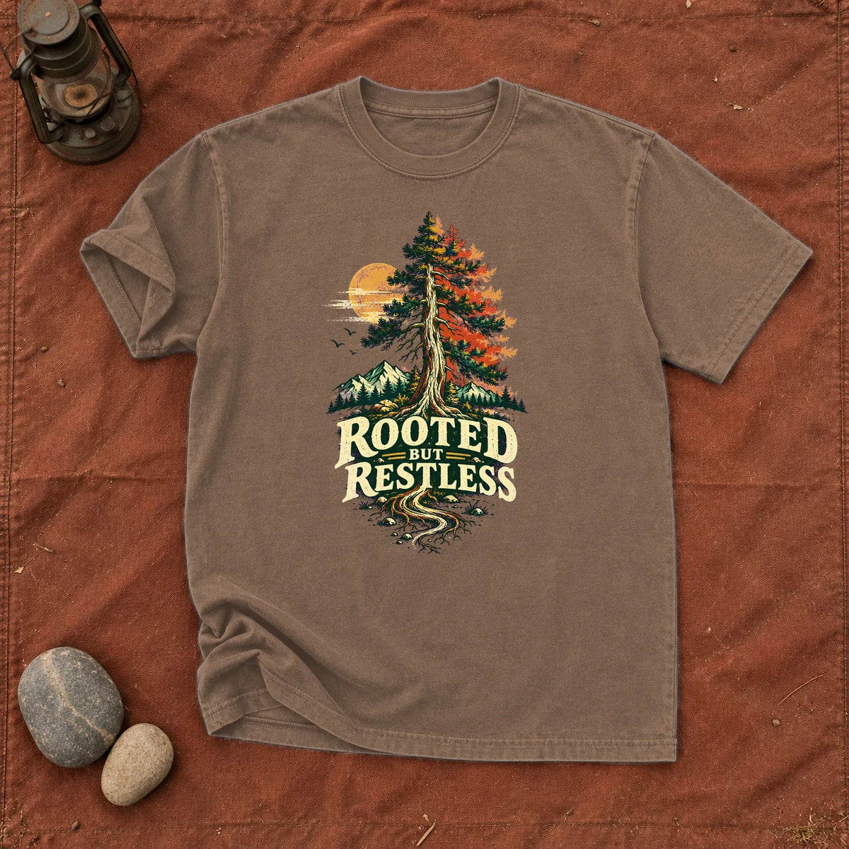 Rooted But Restless Graphic Tee on Espresso Premium Tee