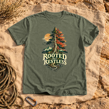 Rooted But Restless Graphic Tee on Moss Premium Tee