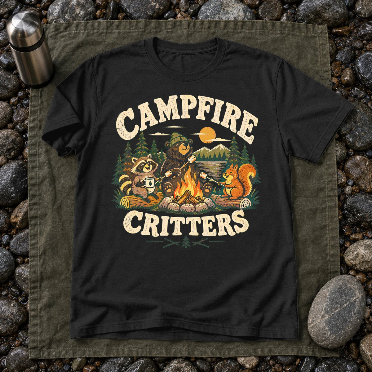Campfire Critters Vintage Graphic Tee on Black Everyday Soft Tee