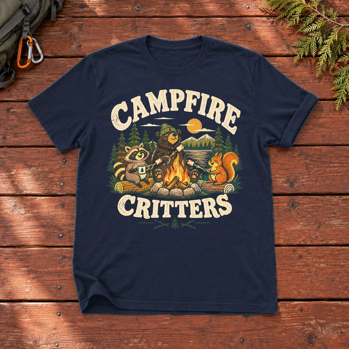 Campfire Critters Vintage Graphic Tee on Navy Everyday Soft Tee