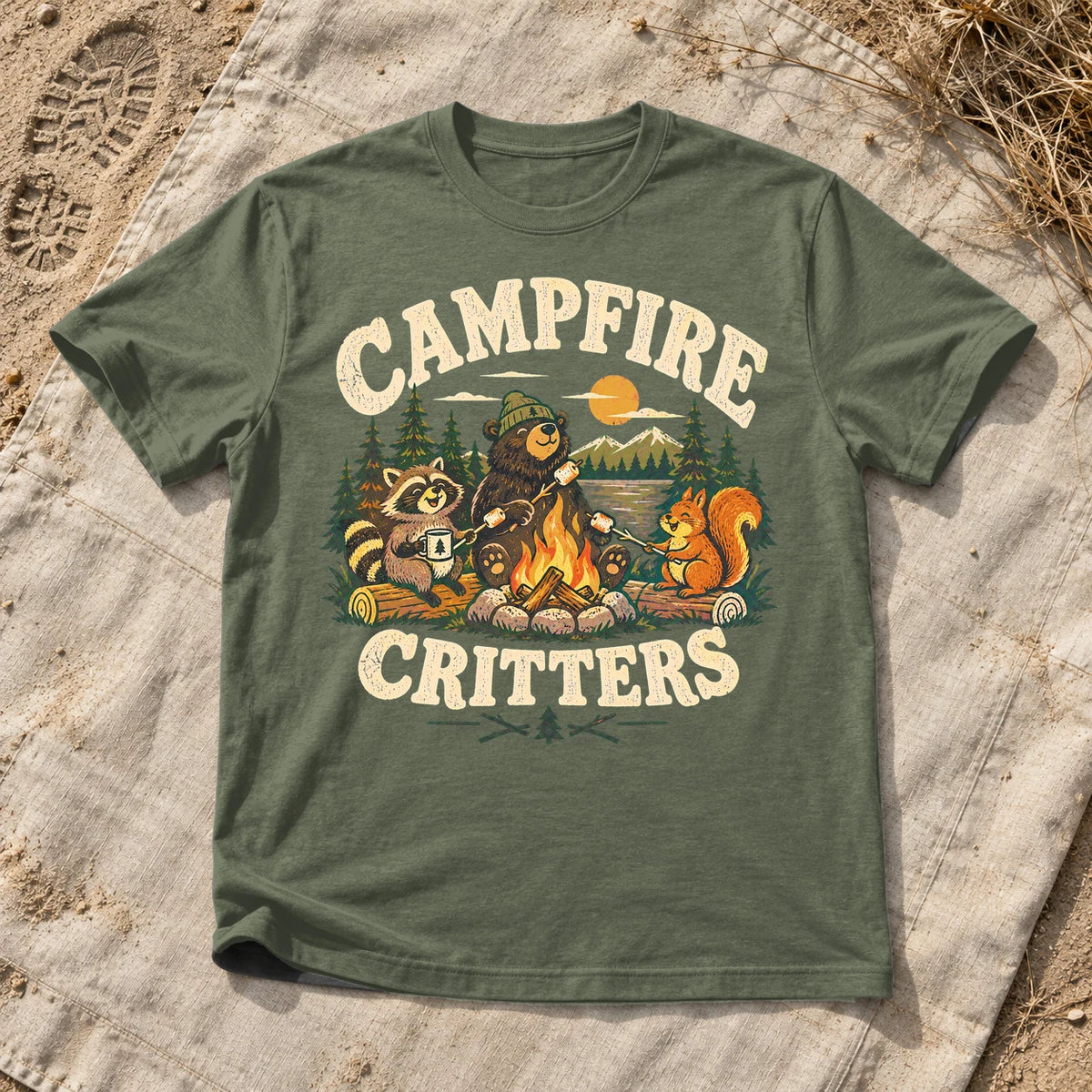 Campfire Critters Vintage Graphic Tee on Military Green Everyday Soft Tee