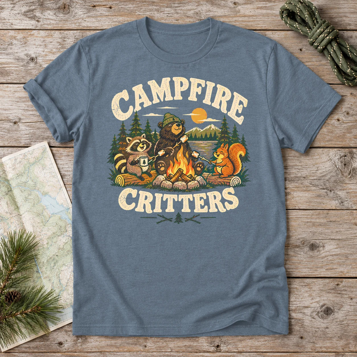 Campfire Critters Vintage Graphic Tee on Heather Indigo Everyday Soft Tee