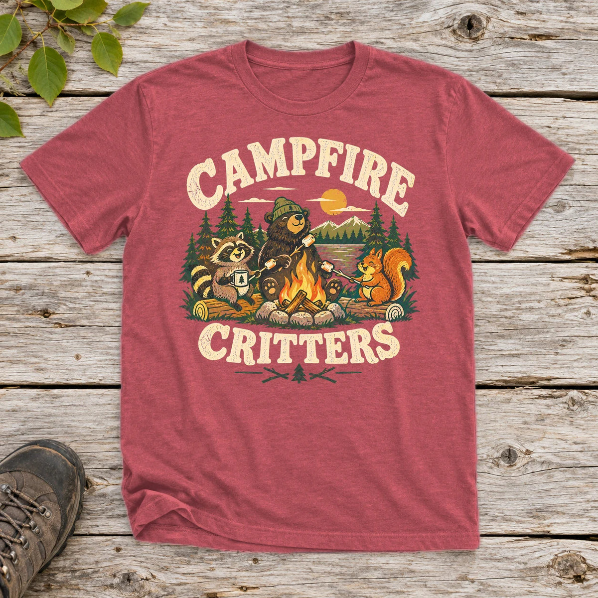 Campfire Critters Vintage Graphic Tee on Heather Red Everyday Soft Tee