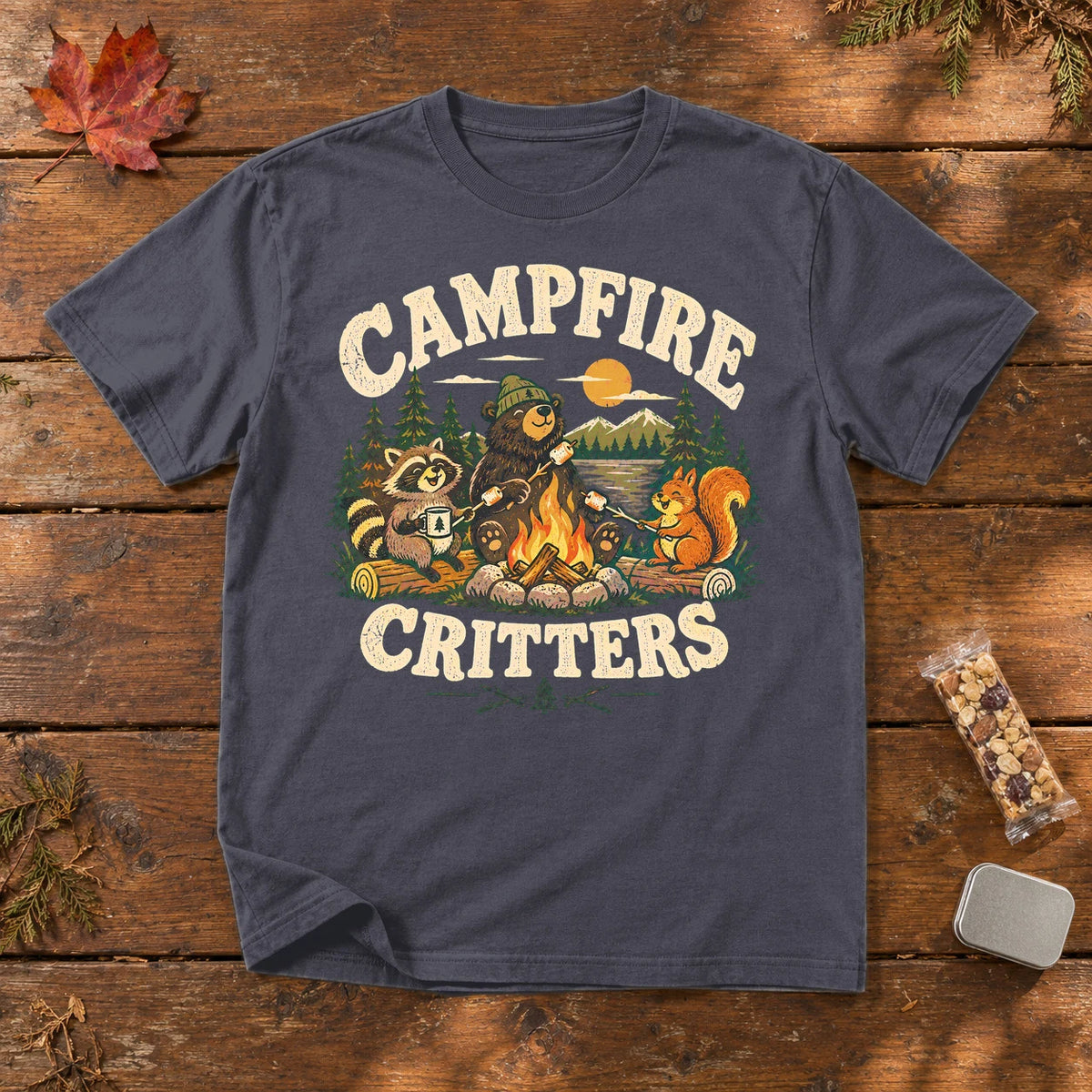 Campfire Critters Vintage Graphic Tee on Navy Premium Tee
