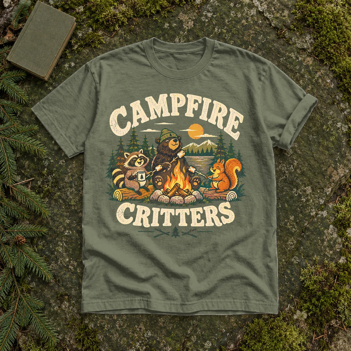 Campfire Critters Vintage Graphic Tee on Moss Premium Tee
