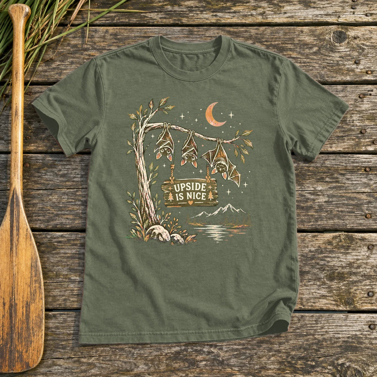 Upside Is Nice Bat Graphic Tee on Military Green Everyday Soft Tee