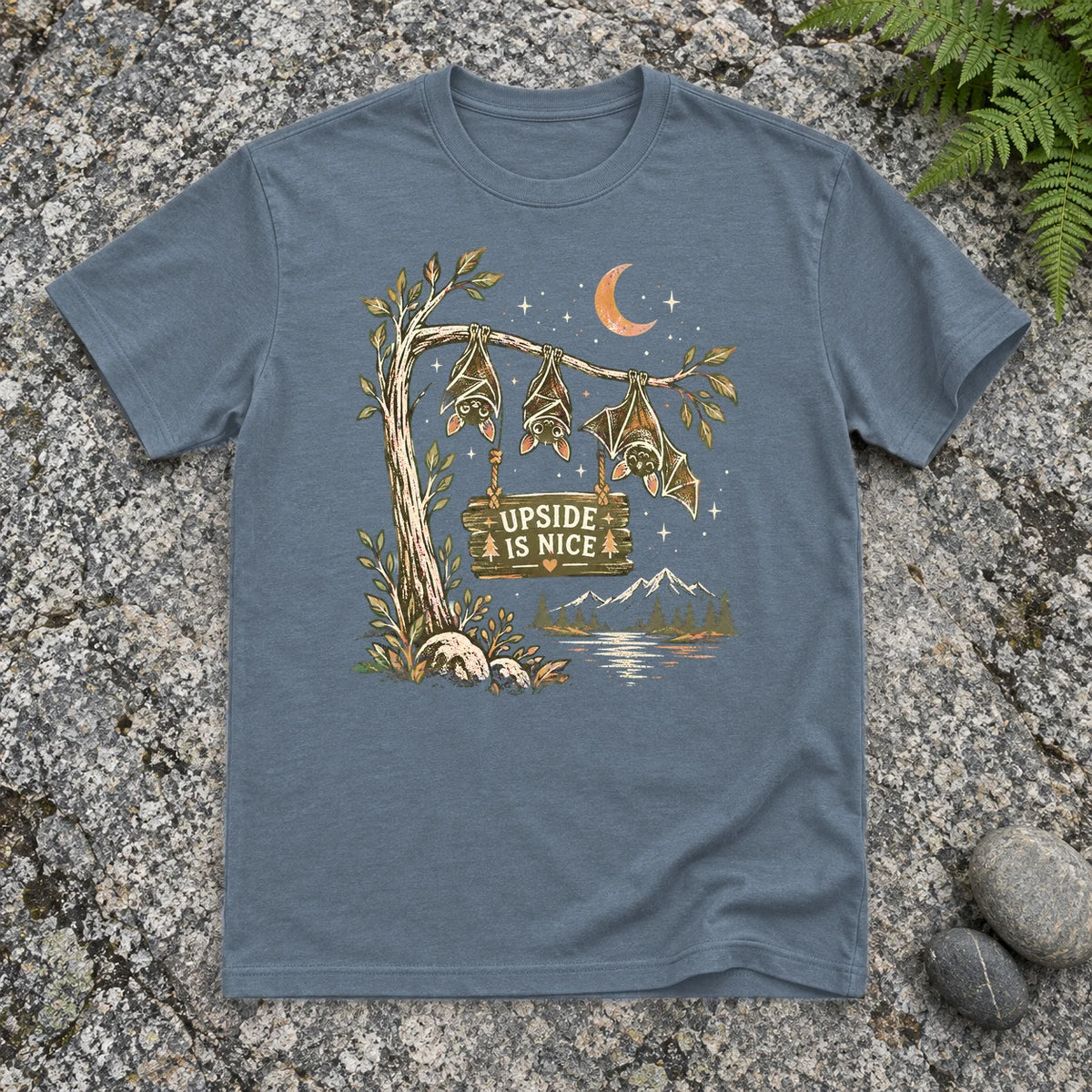 Upside Is Nice Bat Graphic Tee on Heather Indigo Everyday Soft Tee