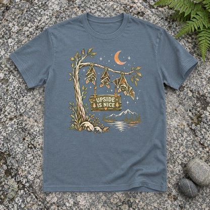 Upside Is Nice Bat Graphic Tee on Heather Indigo Everyday Soft Tee