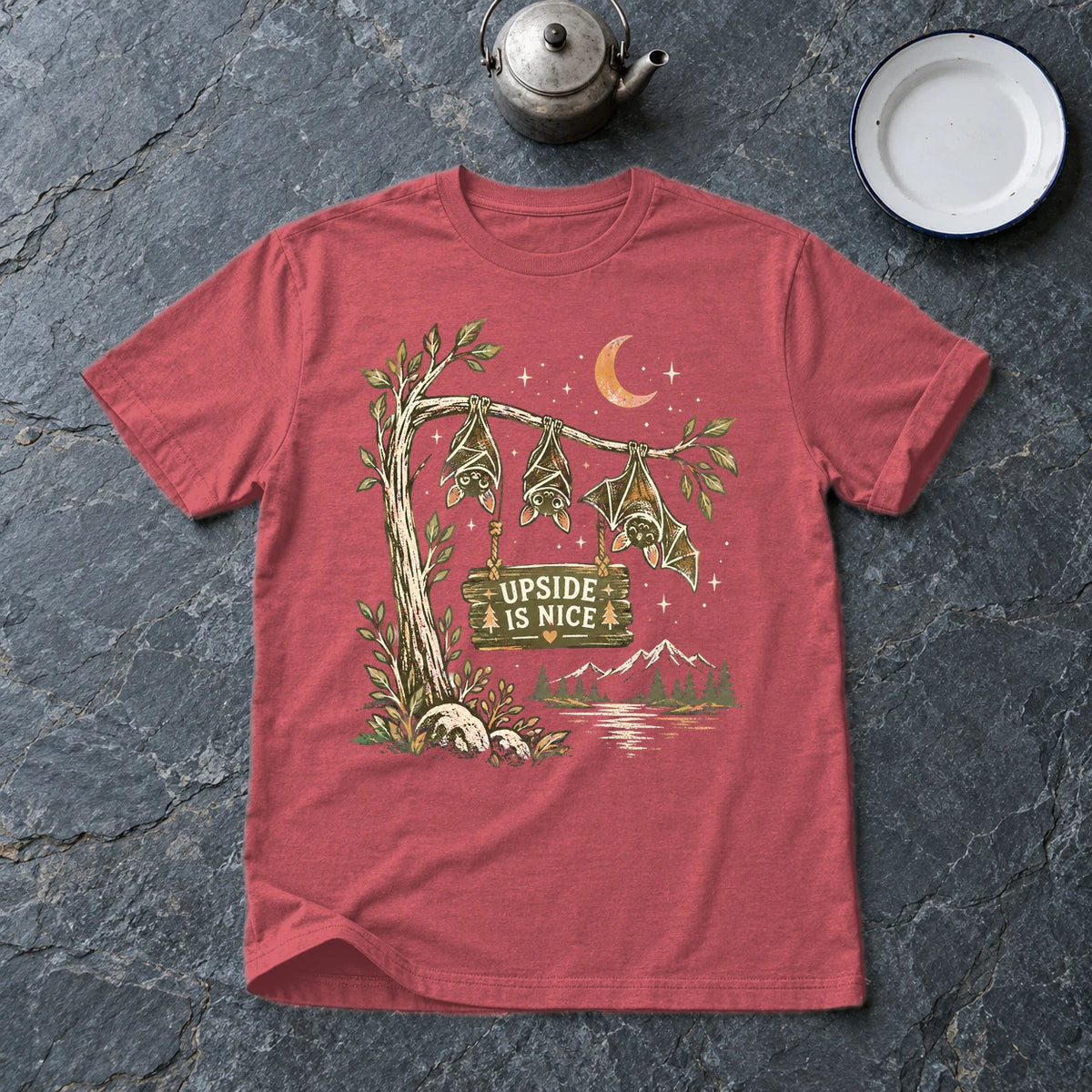 Upside Is Nice Bat Graphic Tee on Heather Red Everyday Soft Tee