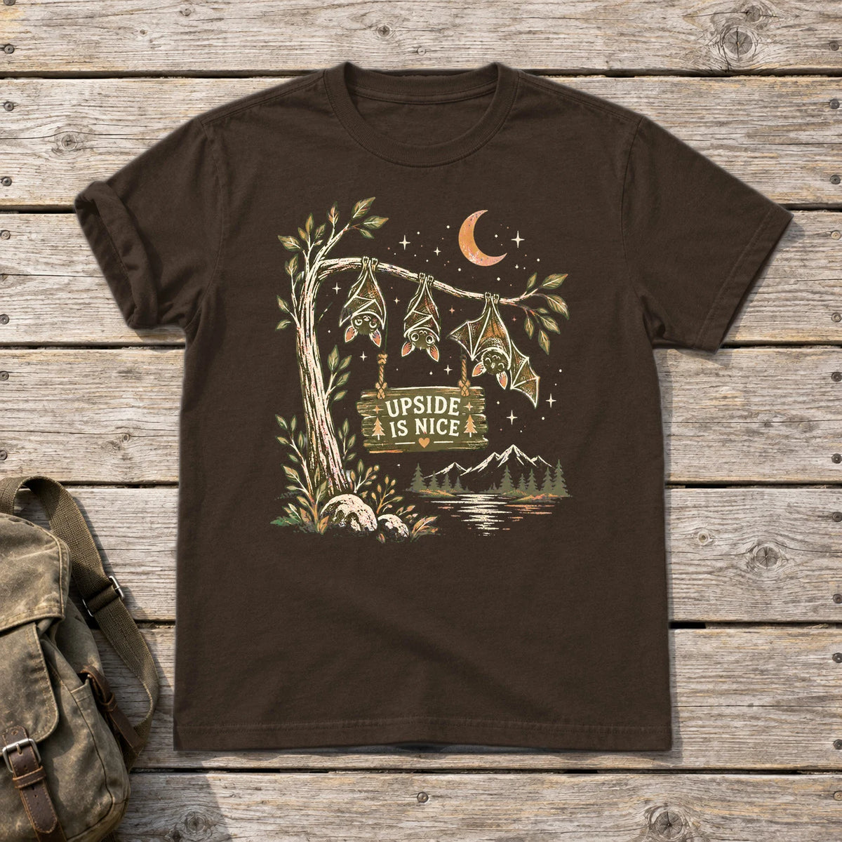 Upside Is Nice Bat Graphic Tee on Dark Chocolate Everyday Soft Tee