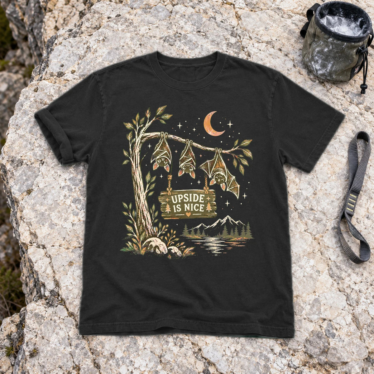 Upside Is Nice Bat Graphic Tee on Black Premium Tee