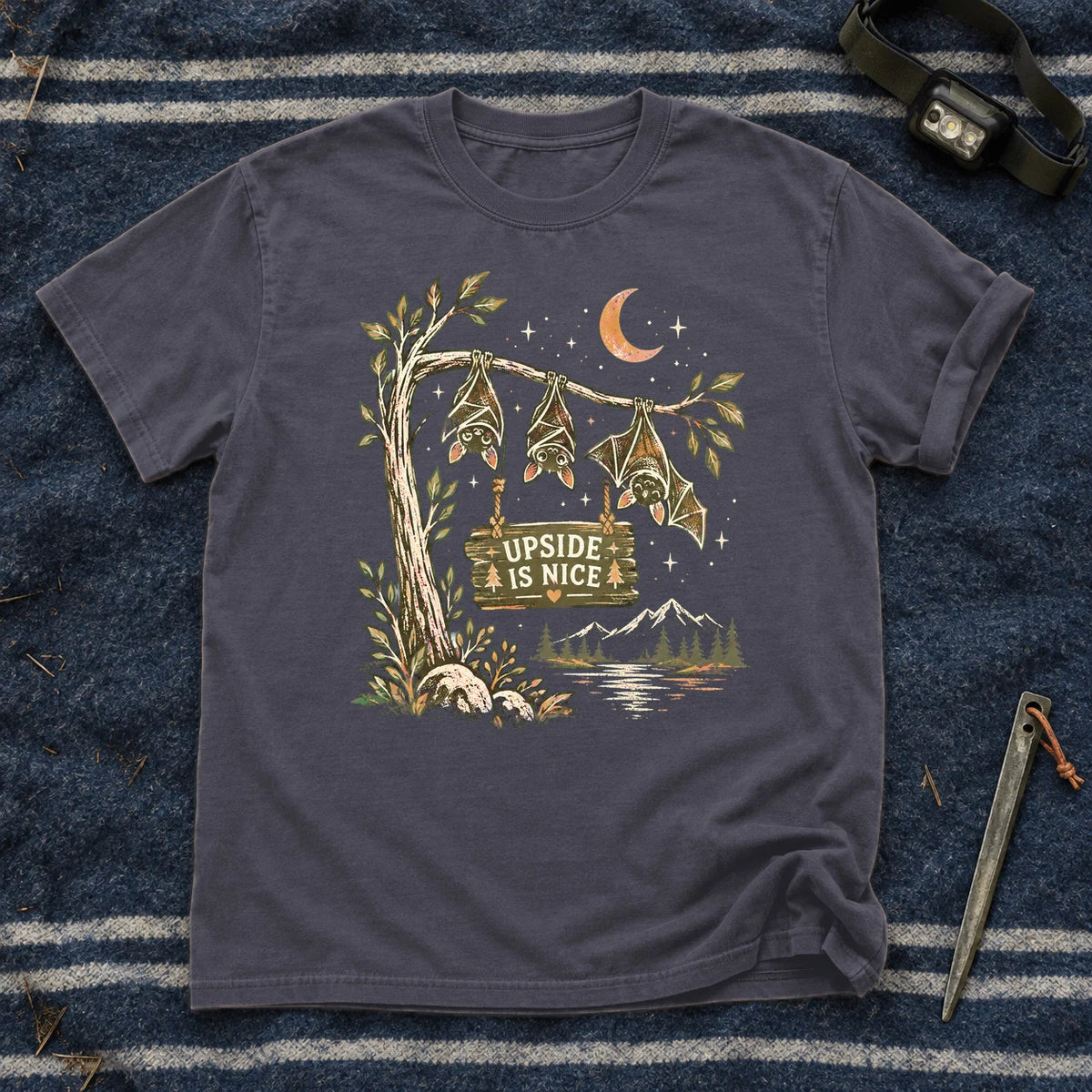 Upside Is Nice Bat Graphic Tee on Navy Premium Tee