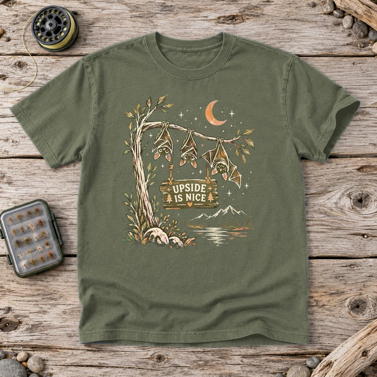Upside Is Nice Bat Graphic Tee on Moss Premium Tee