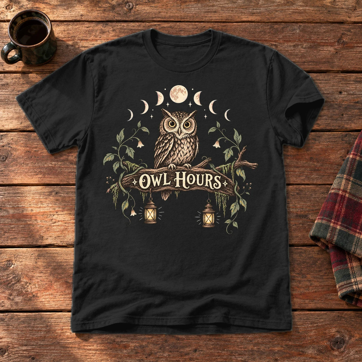 Owl Hours Celestial Forest Graphic Tee on Black Everyday Soft Tee
