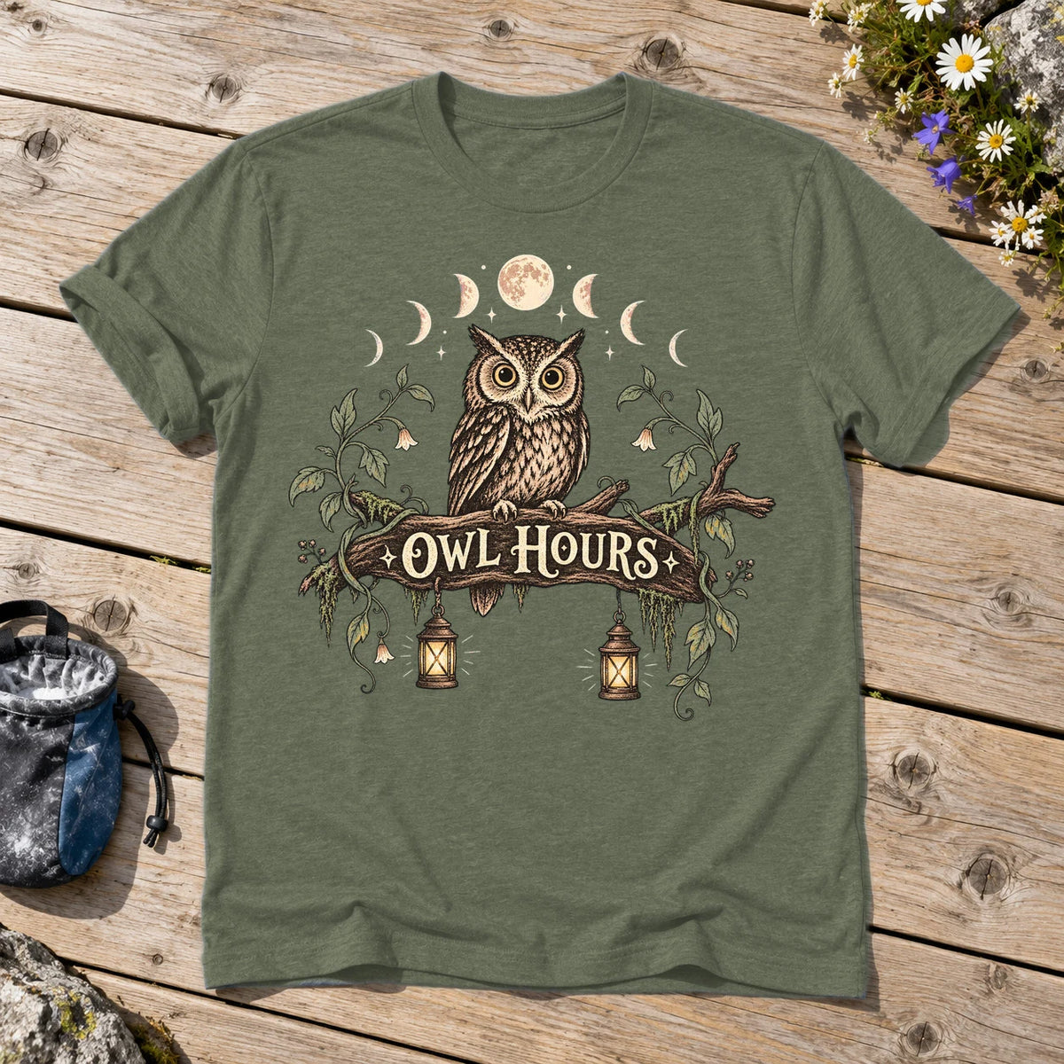 Owl Hours Celestial Forest Graphic Tee on Military Green Everyday Soft Tee