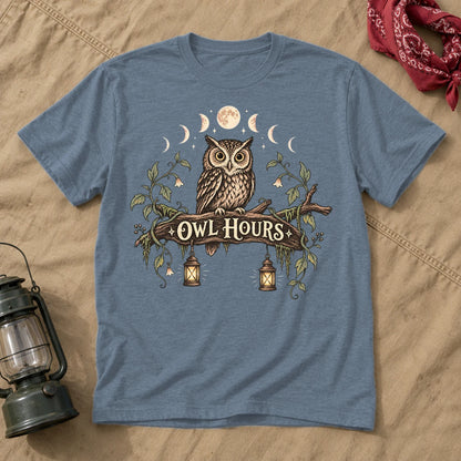 Owl Hours Celestial Forest Graphic Tee on Heather Indigo Everyday Soft Tee