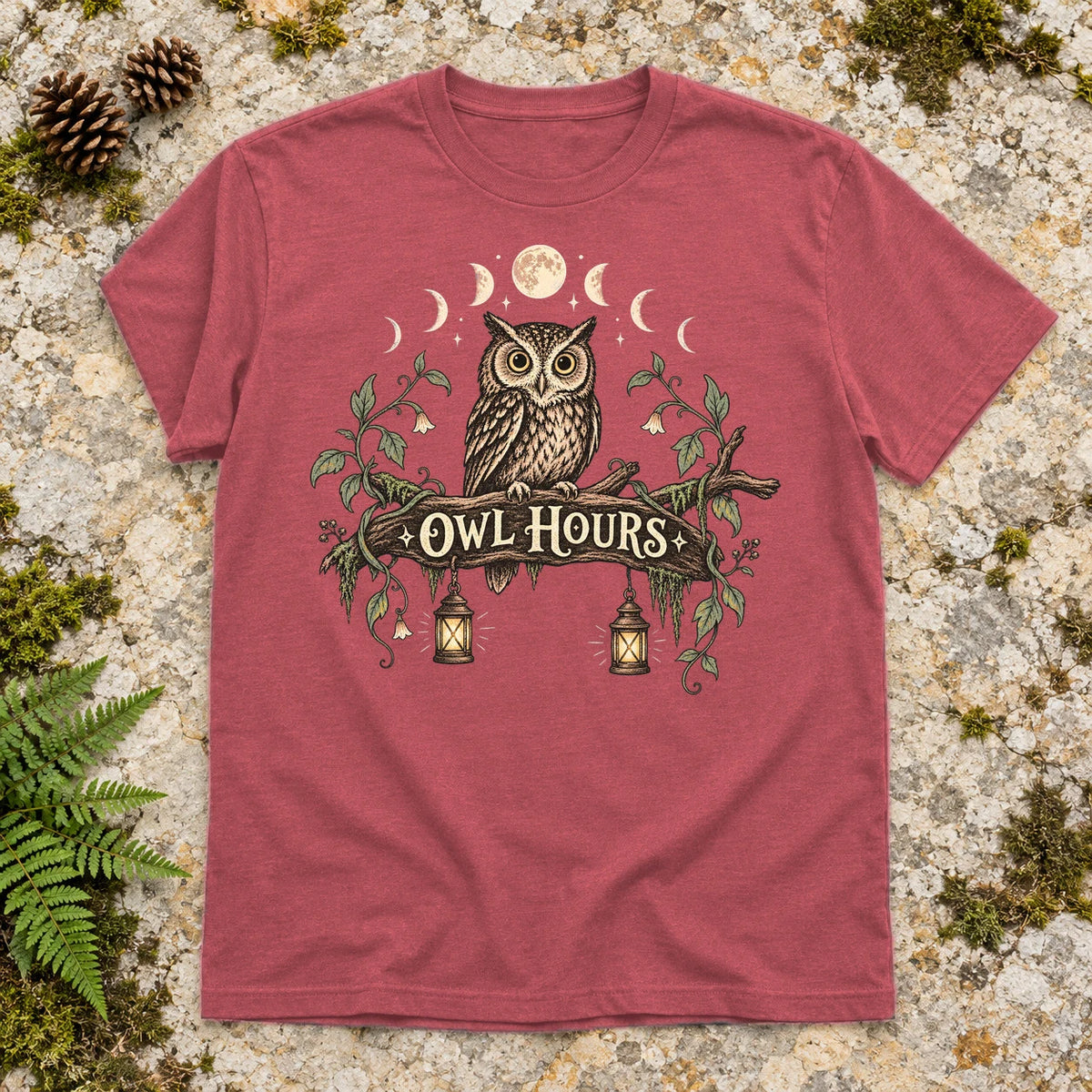 Owl Hours Celestial Forest Graphic Tee on Heather Red Everyday Soft Tee