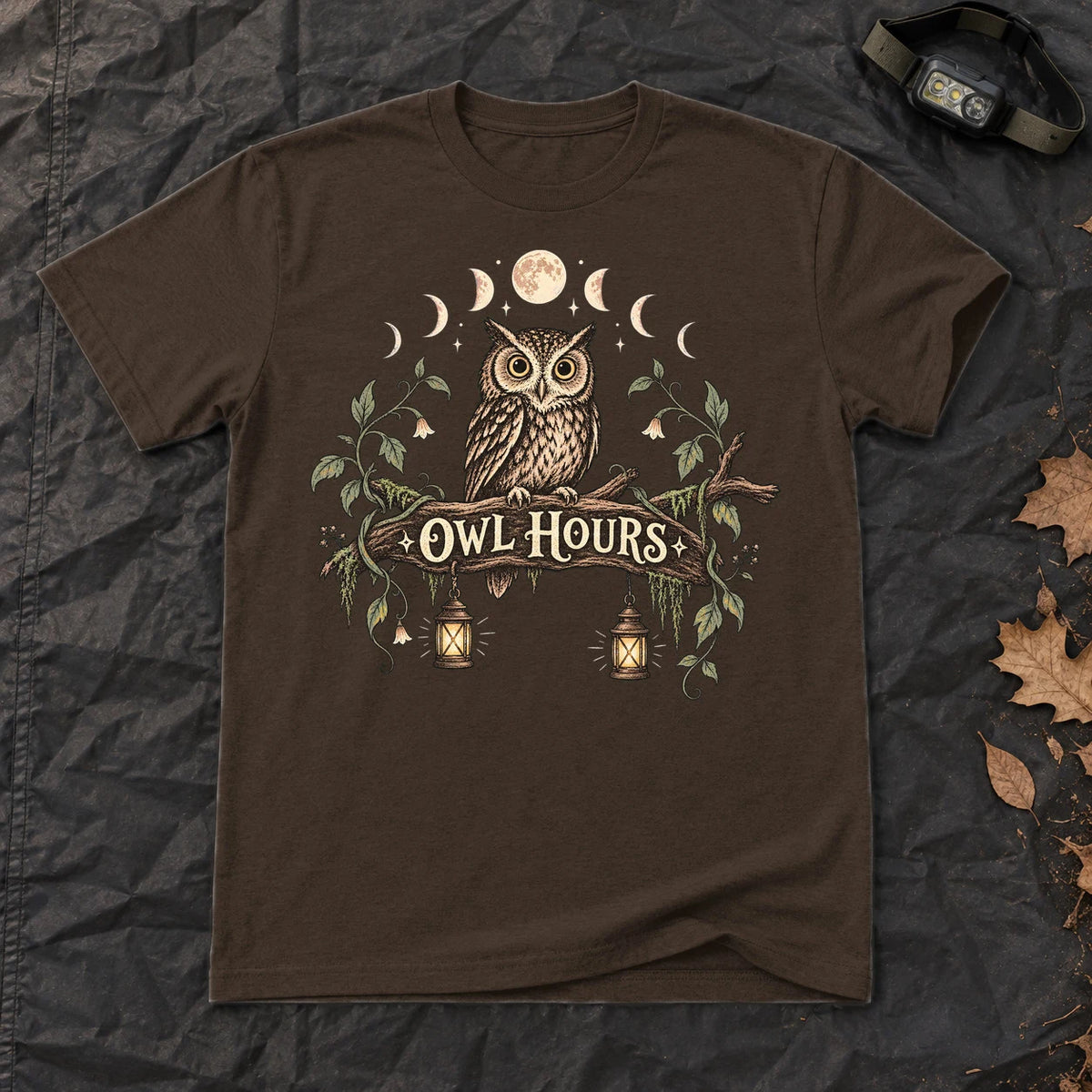 Owl Hours Celestial Forest Graphic Tee on Dark Chocolate Everyday Soft Tee