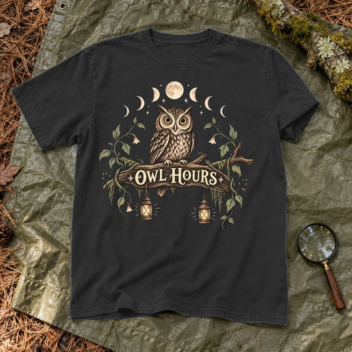 Owl Hours Celestial Forest Graphic Tee on Black Premium Tee