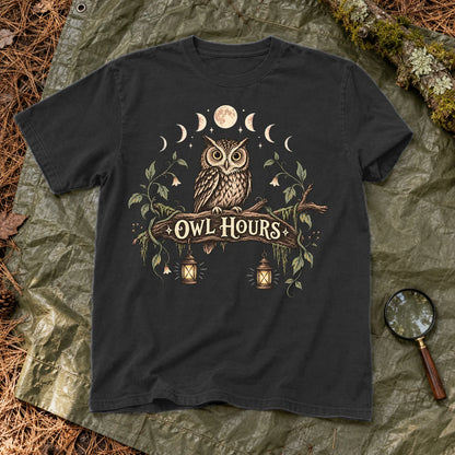 Owl Hours Celestial Forest Graphic Tee on Black Premium Tee