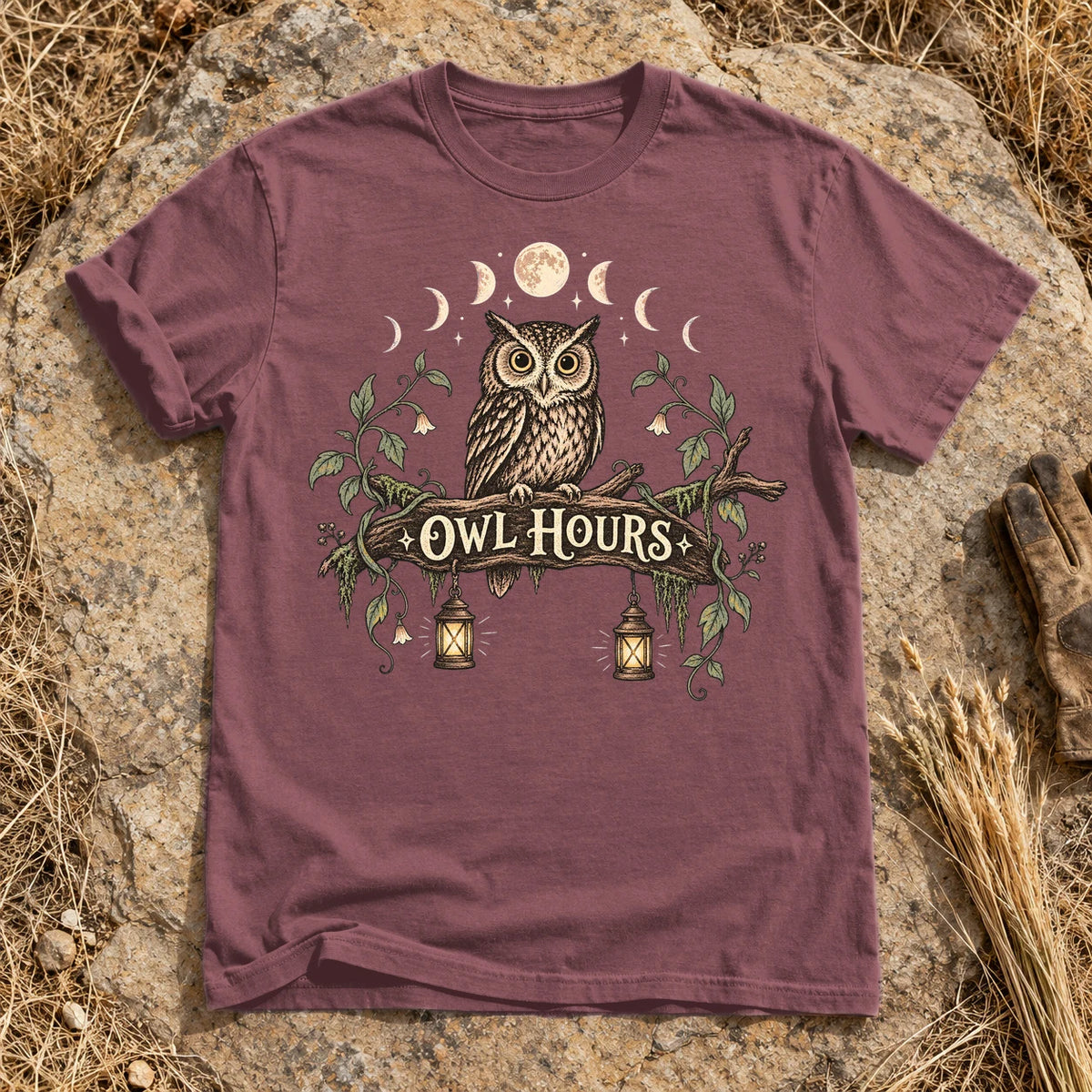 Owl Hours Celestial Forest Graphic Tee on Brick Premium Tee