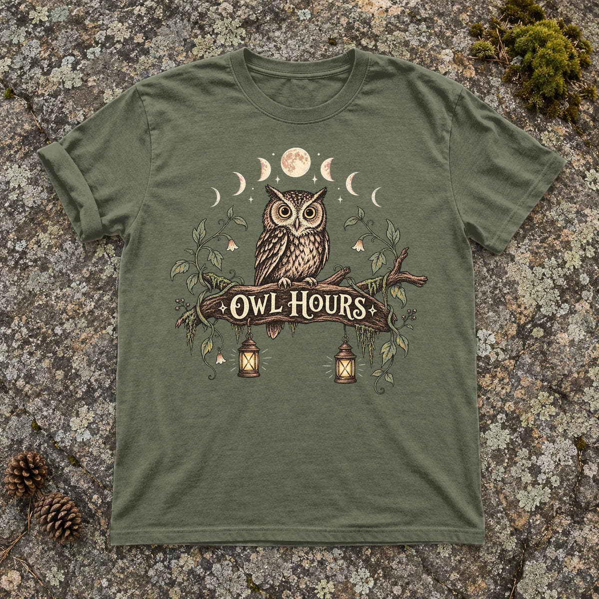 Owl Hours Celestial Forest Graphic Tee on Moss Premium Tee