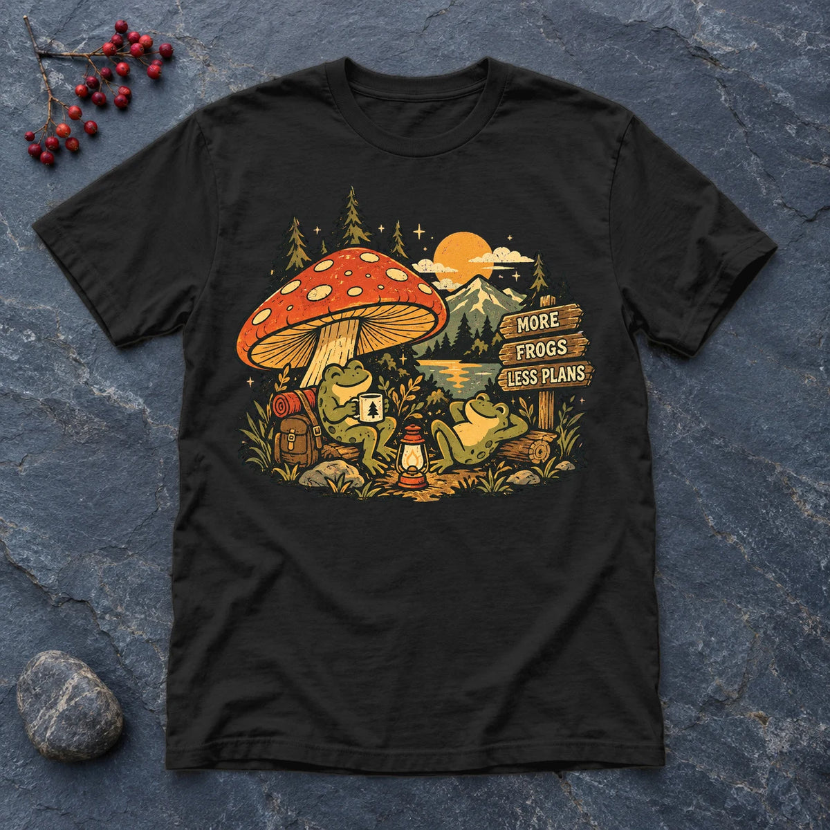 More Frogs Less Plans Graphic Tee on Black Everyday Soft Tee