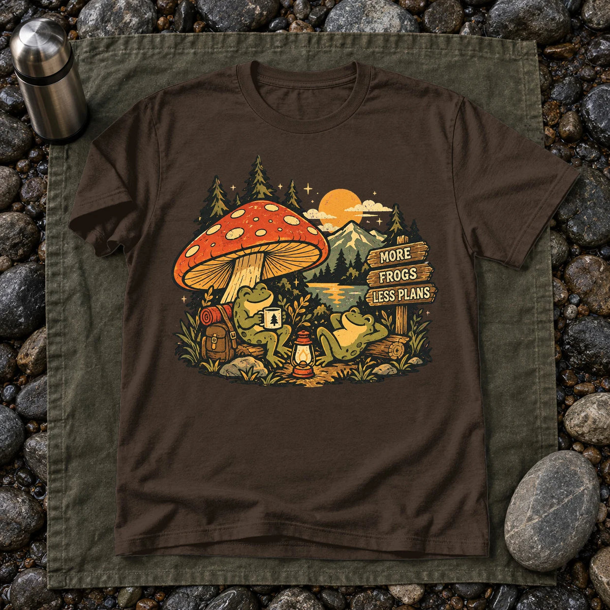 More Frogs Less Plans Graphic Tee on Dark Chocolate Everyday Soft Tee