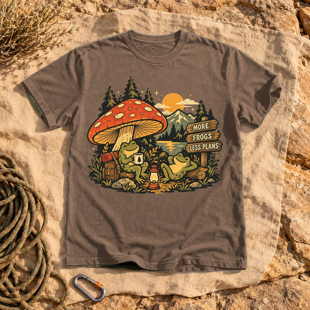 More Frogs Less Plans Graphic Tee on Espresso Premium Tee