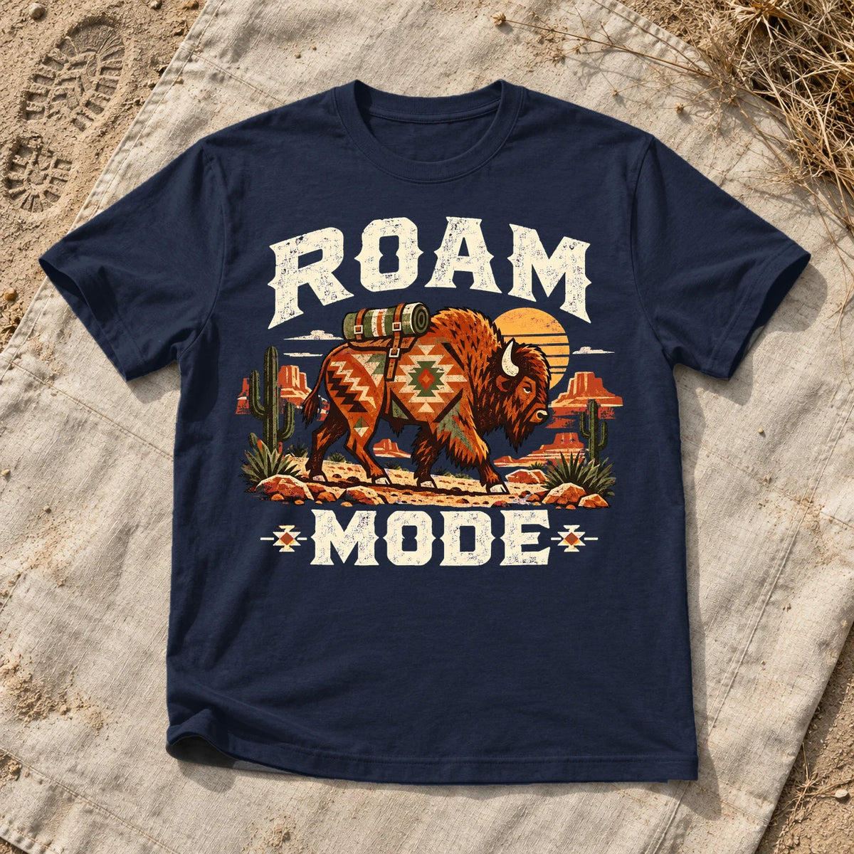 Roam Mode Desert Bison Graphic Tee on Navy Everyday Soft Tee