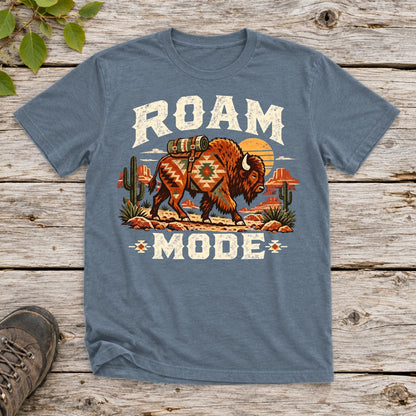 Roam Mode Desert Bison Graphic Tee on Heather Indigo Everyday Soft Tee