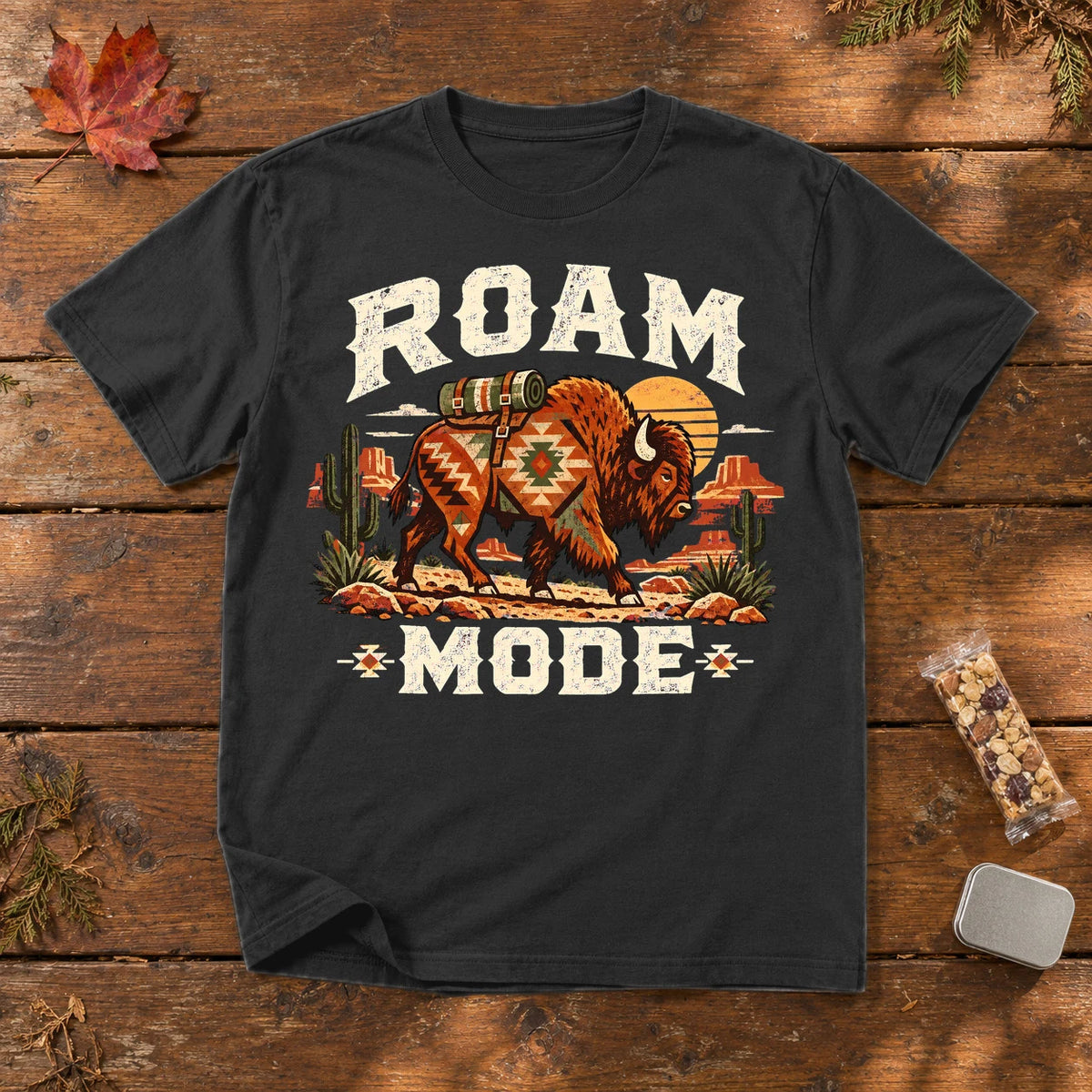 Roam Mode Desert Bison Graphic Tee on Black Premium Tee